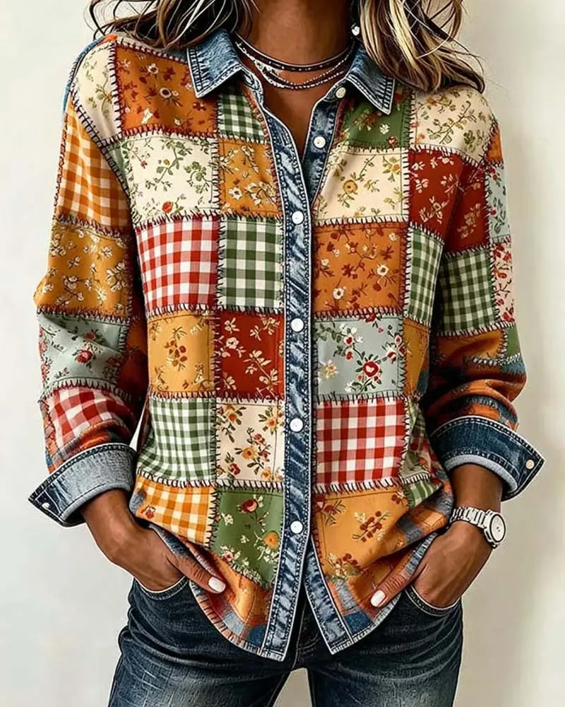 Haut Col Carreau Denim Patchwork