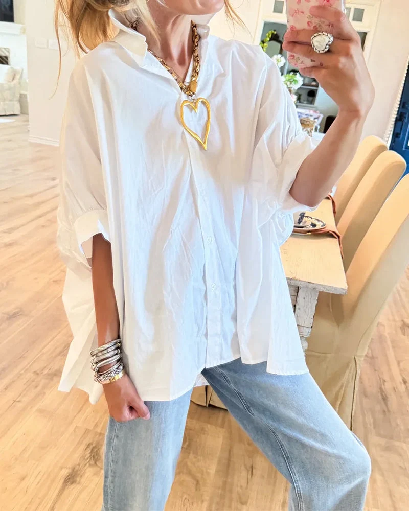 Blouse Coupe Lâche Épaule Descendante Blanche Manche Longue