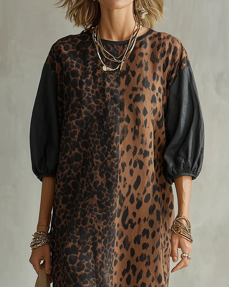 Robe Léopard Imprimé Bloc Couleur Manche Bouffante