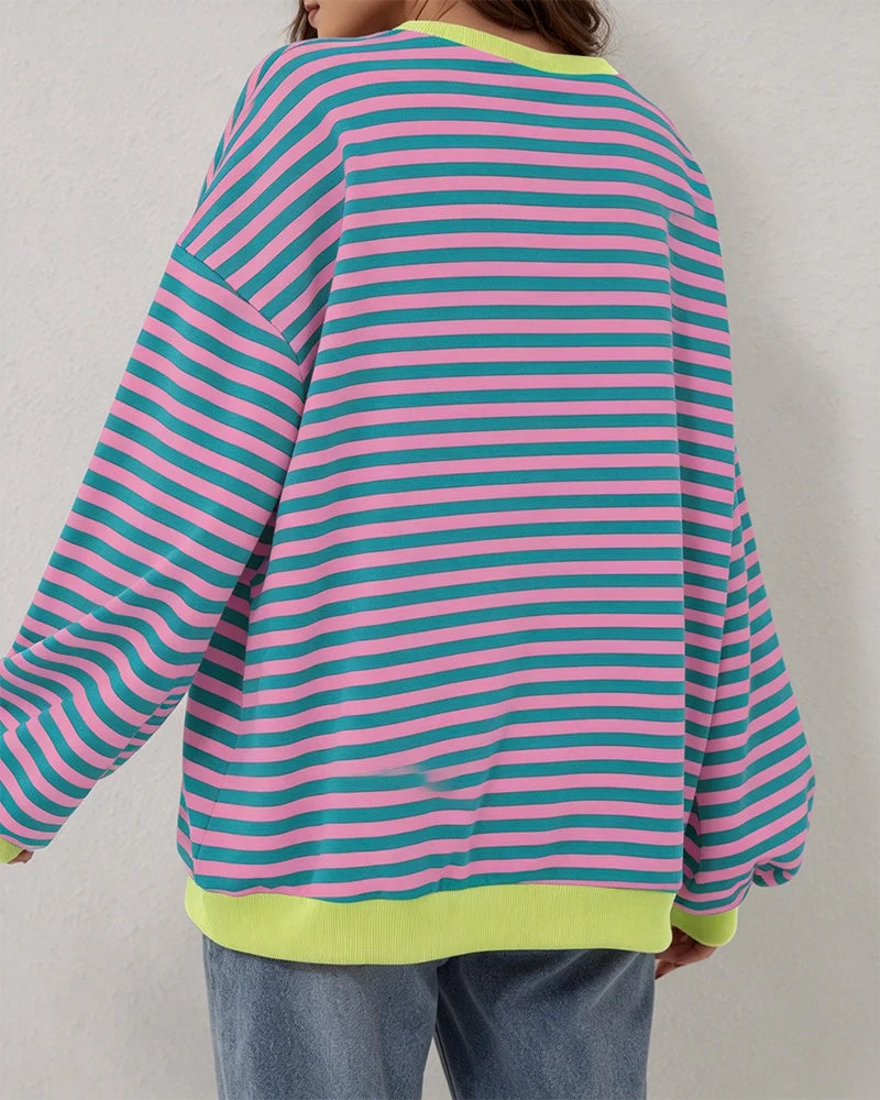 T-Shirt Rayé Col Rond Bloc De Couleur