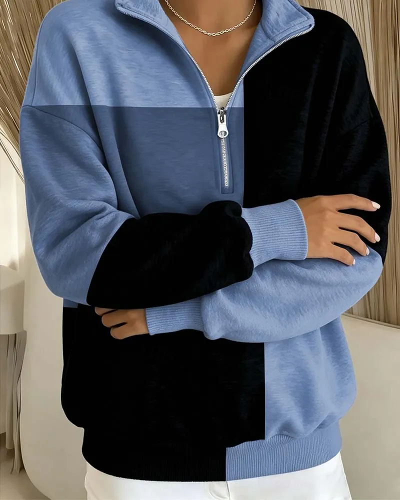 Sweatshirt À Carreaux Bloc-Couleur Fermeture Éclair Col-Debout