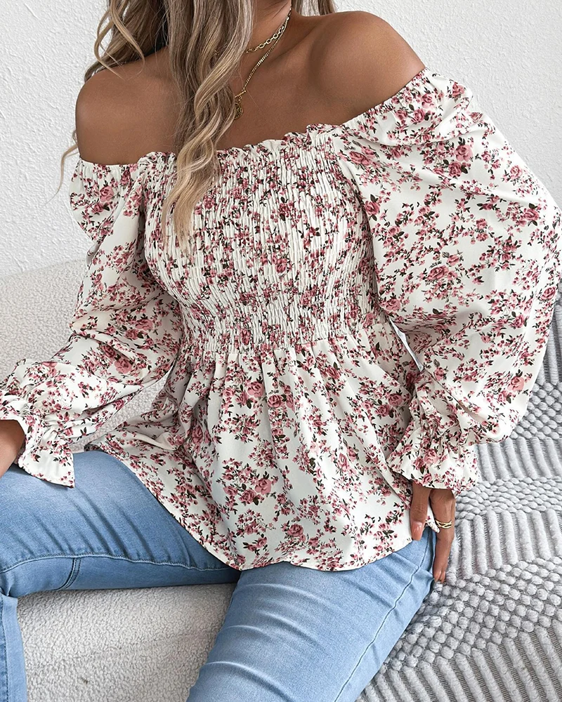 Blouse Col Carré Froncée Fleurie Volant