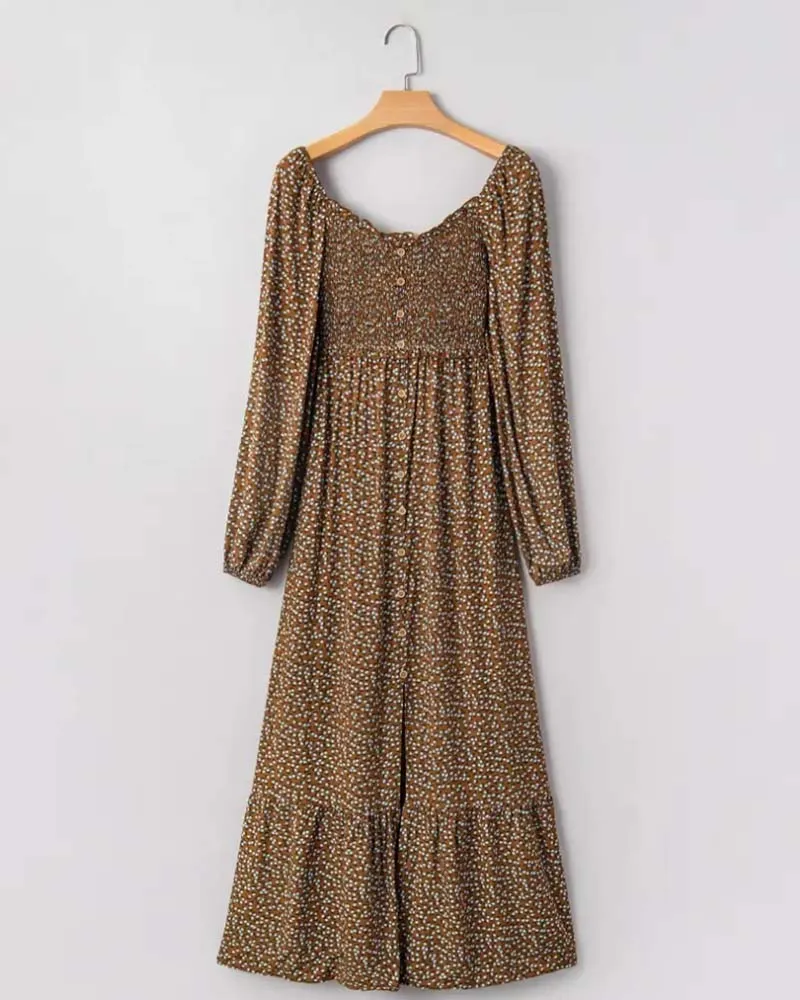 Robe Florale Col Carré Manche Longue Maxi