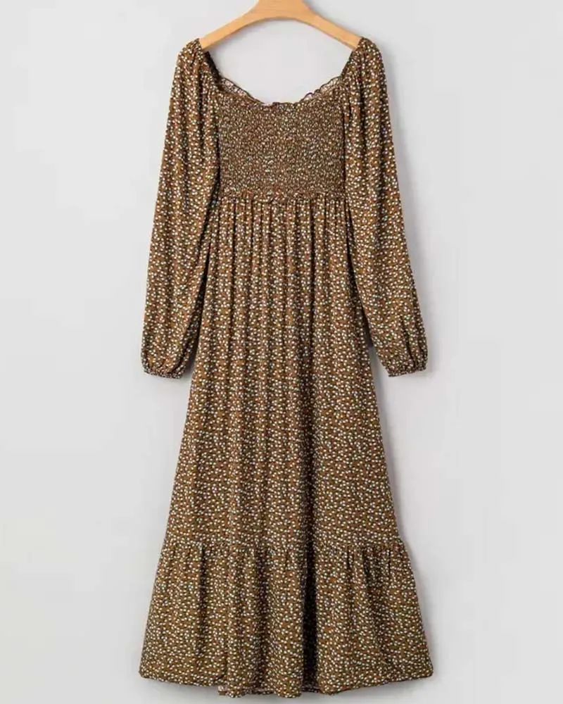 Robe Florale Col Carré Manche Longue Maxi