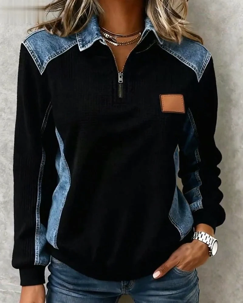Haut Fermeture Éclair Denim Patchwork Revers