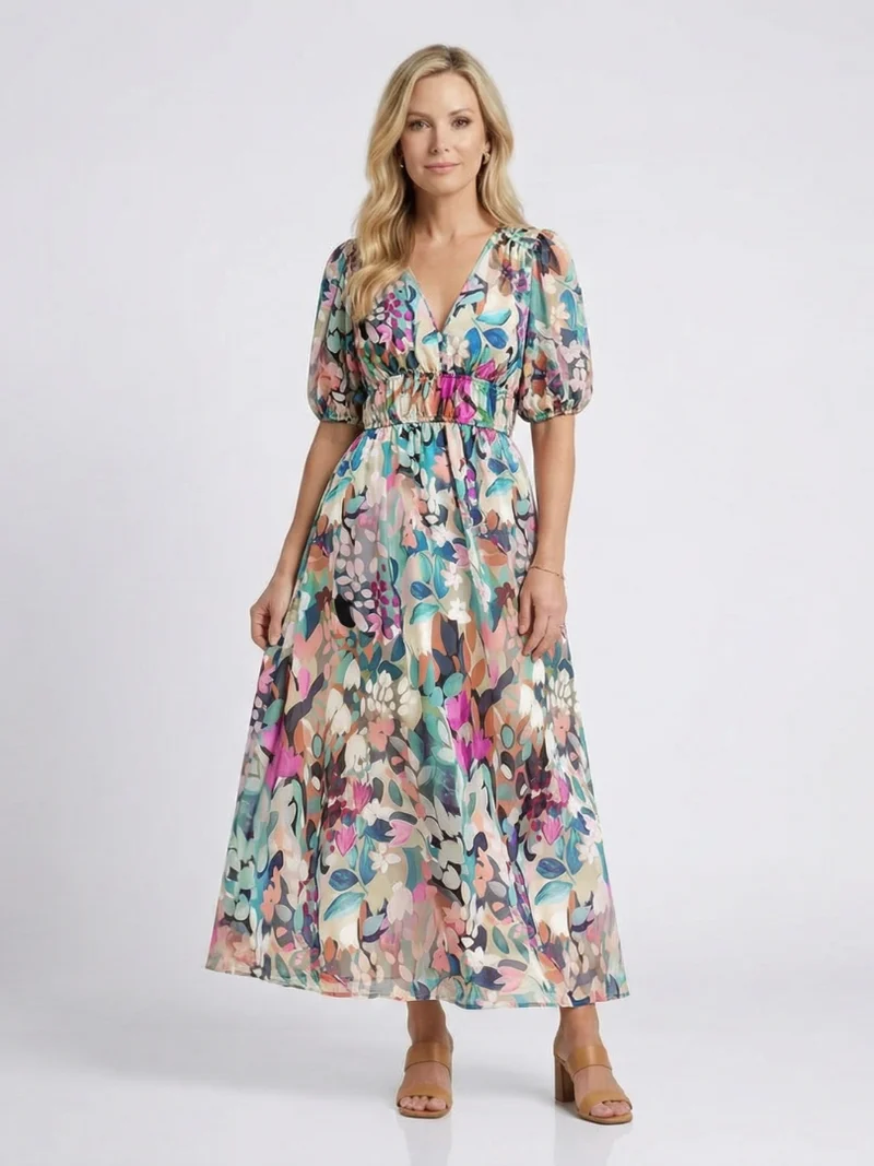 DELACROIX | Robe midi à manches courtes et taille Eulalie