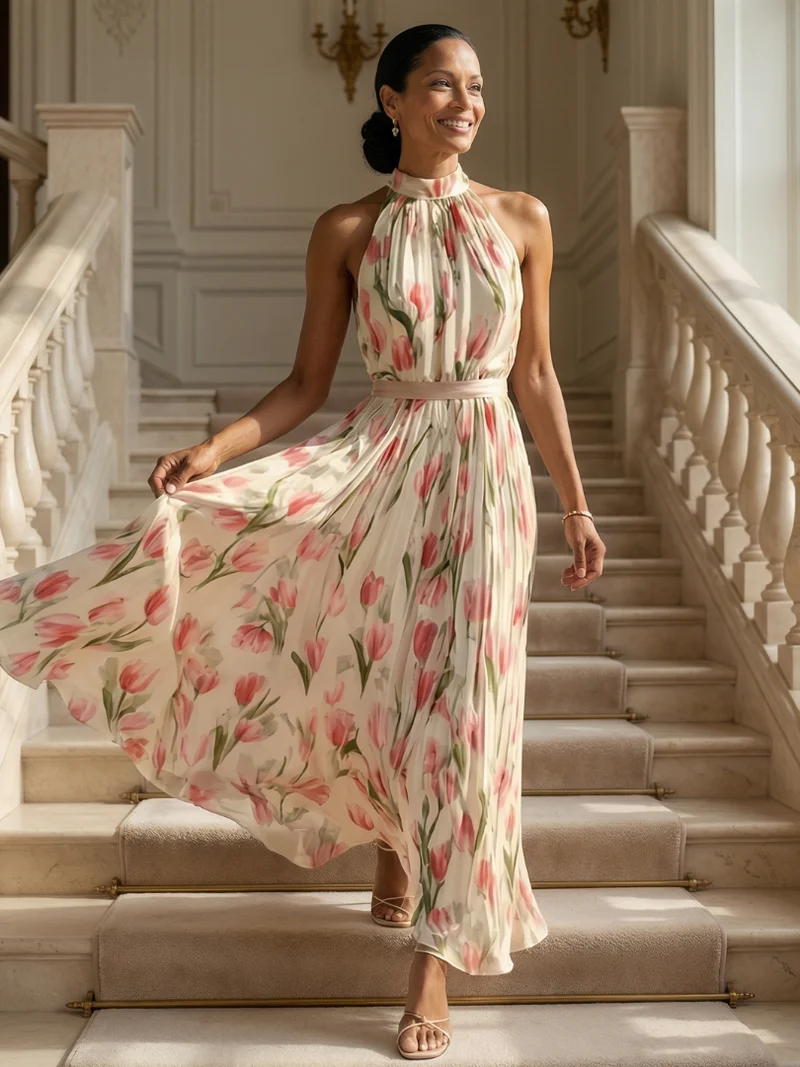 DELACROIX | Robe Midi à Col Halter à Fleurs Aurelle