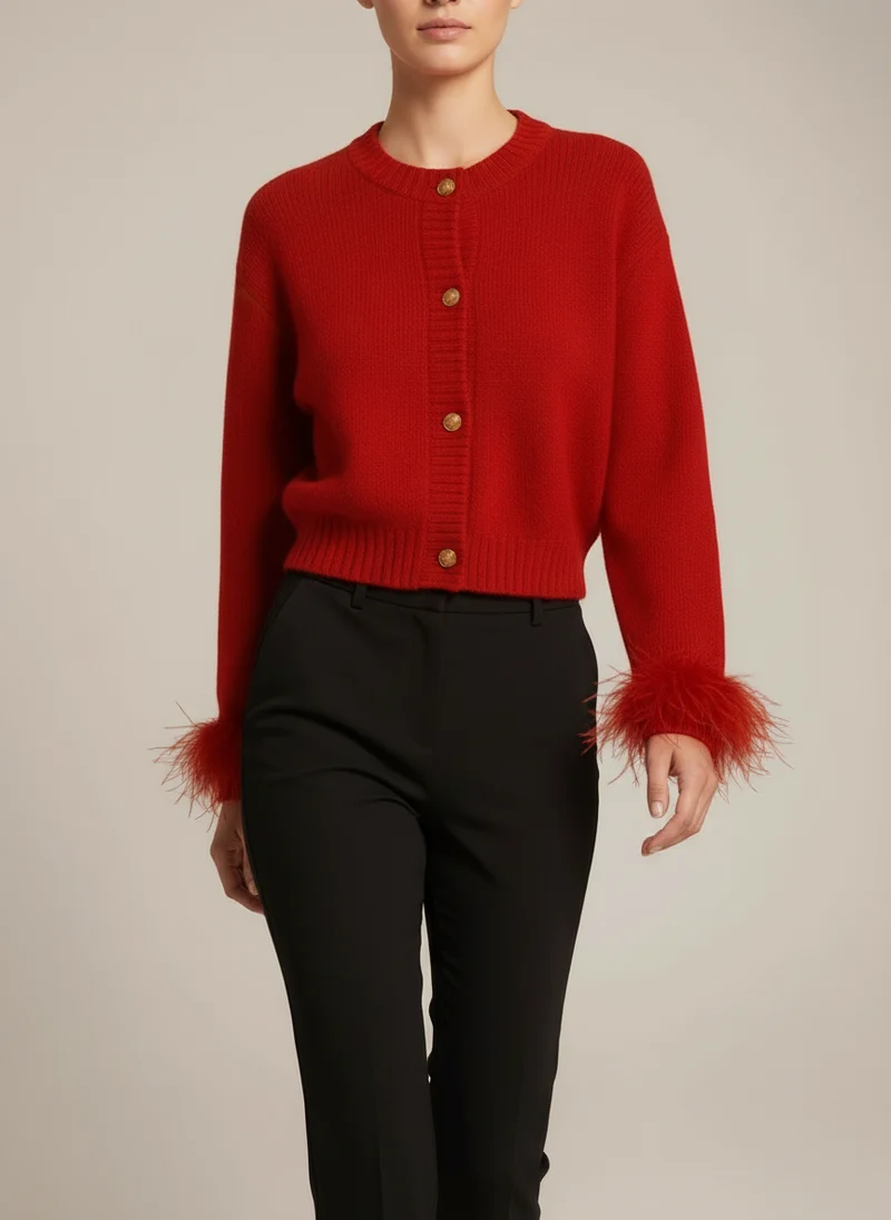 Emma | Femme Cardigan Détails Plumes Coupe Moderne – Cardigan Plumes 2026