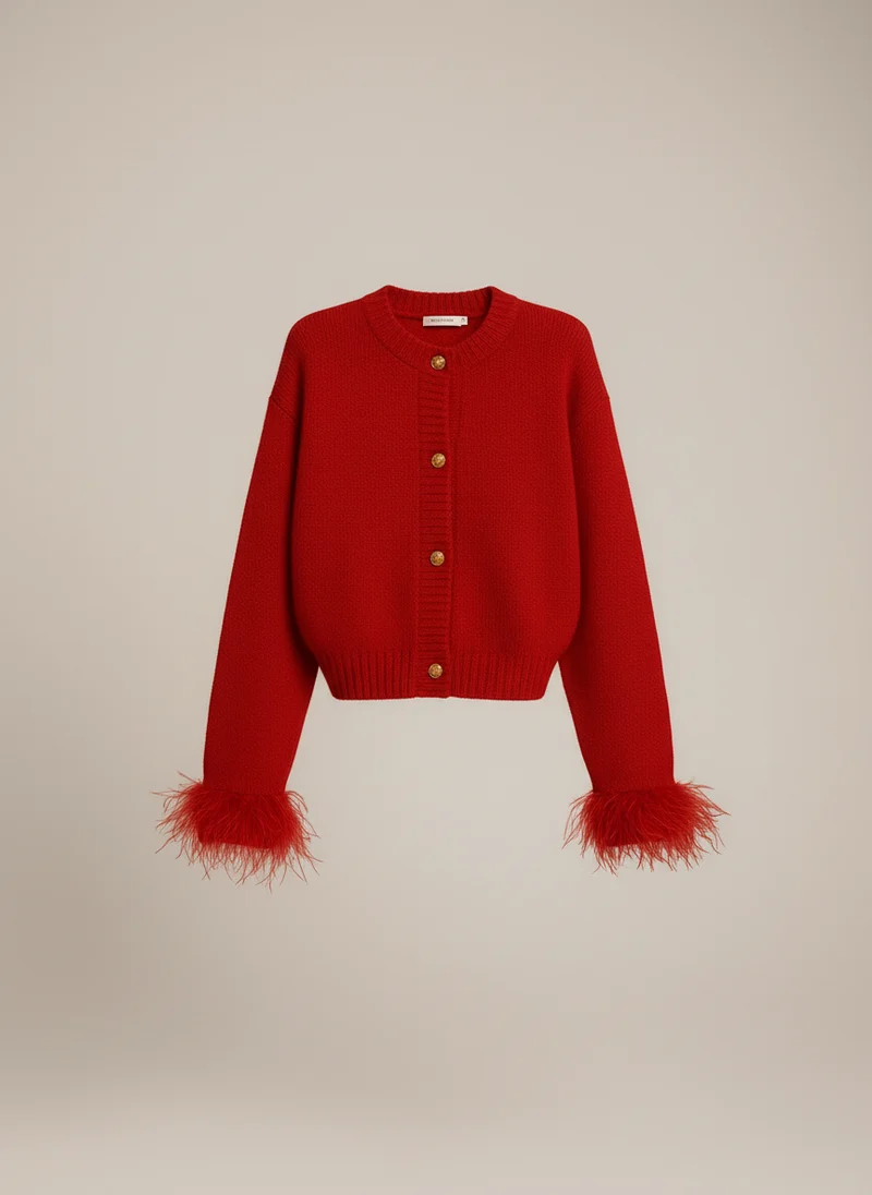 Emma | Femme Cardigan Détails Plumes Coupe Moderne – Cardigan Plumes 2026