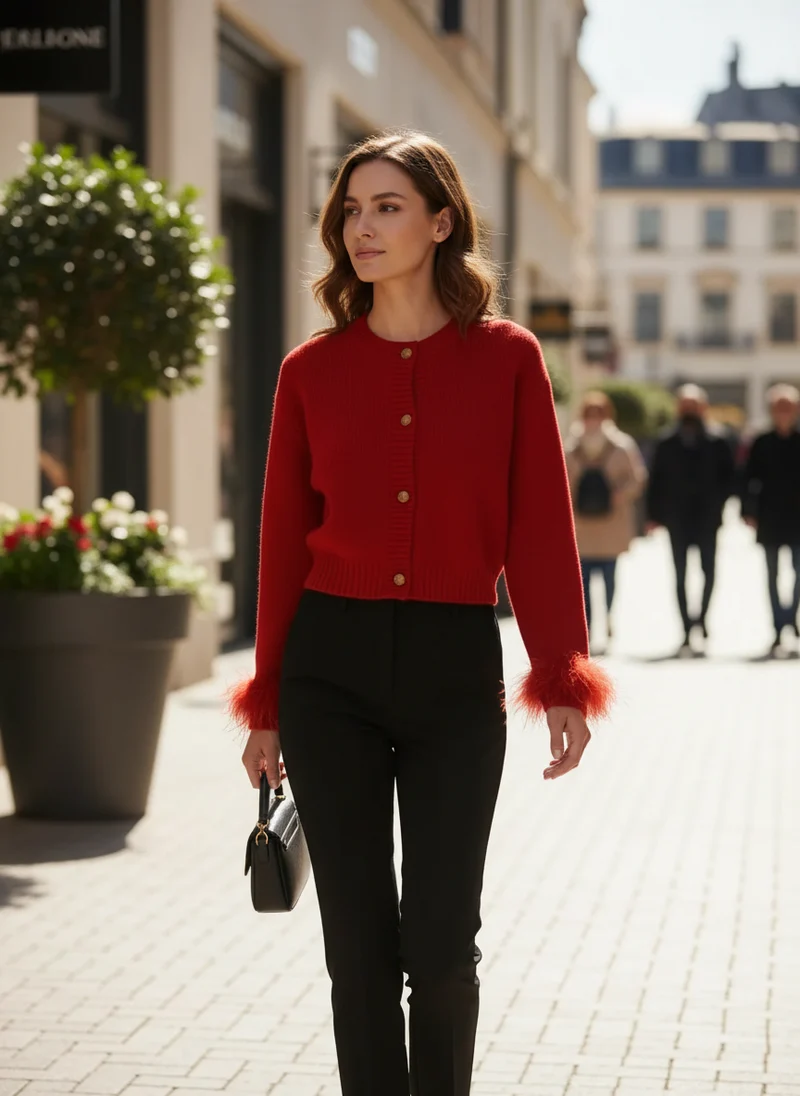 Emma | Femme Cardigan Détails Plumes Coupe Moderne – Cardigan Plumes 2026