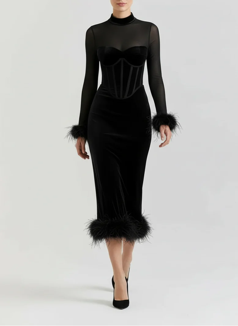 Gabrielle | Femme Robe Midi Ajustée Accents Plumes – Robe Midi Glamour 2026