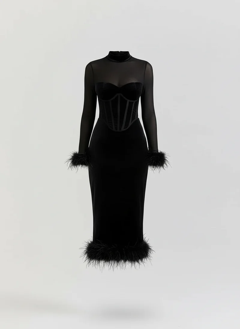 Gabrielle | Femme Robe Midi Ajustée Accents Plumes – Robe Midi Glamour 2026
