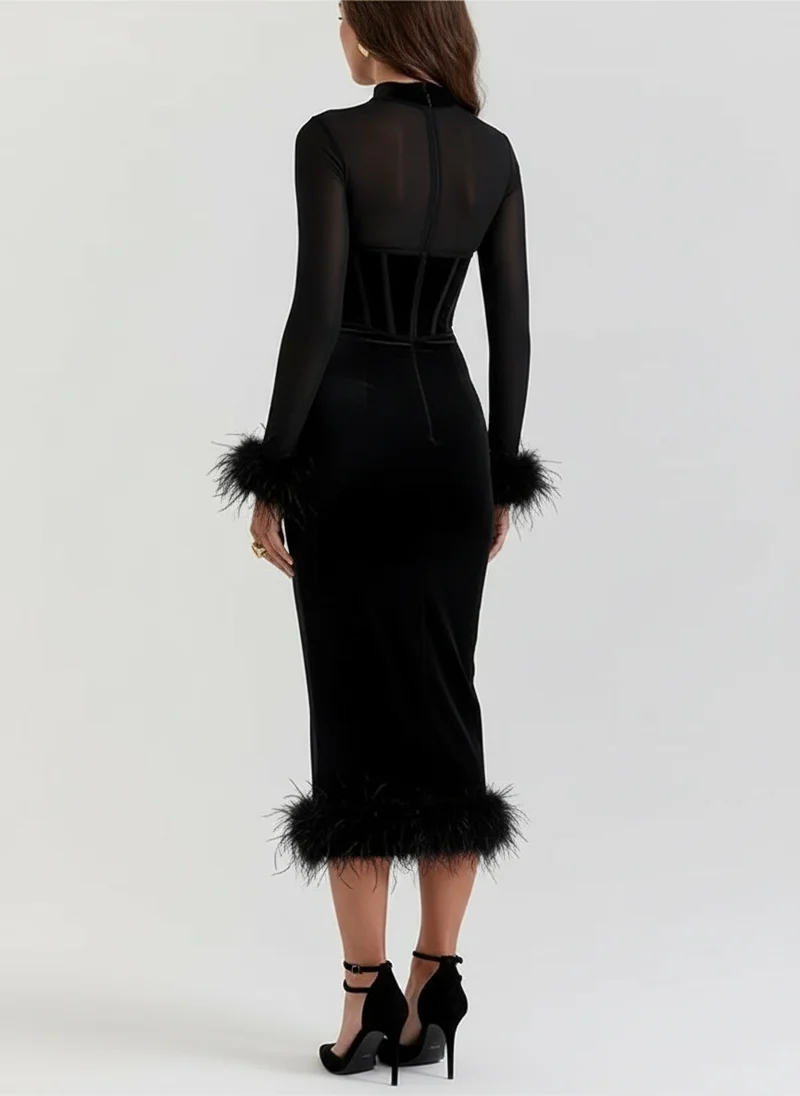 Gabrielle | Femme Robe Midi Ajustée Accents Plumes – Robe Midi Glamour 2026