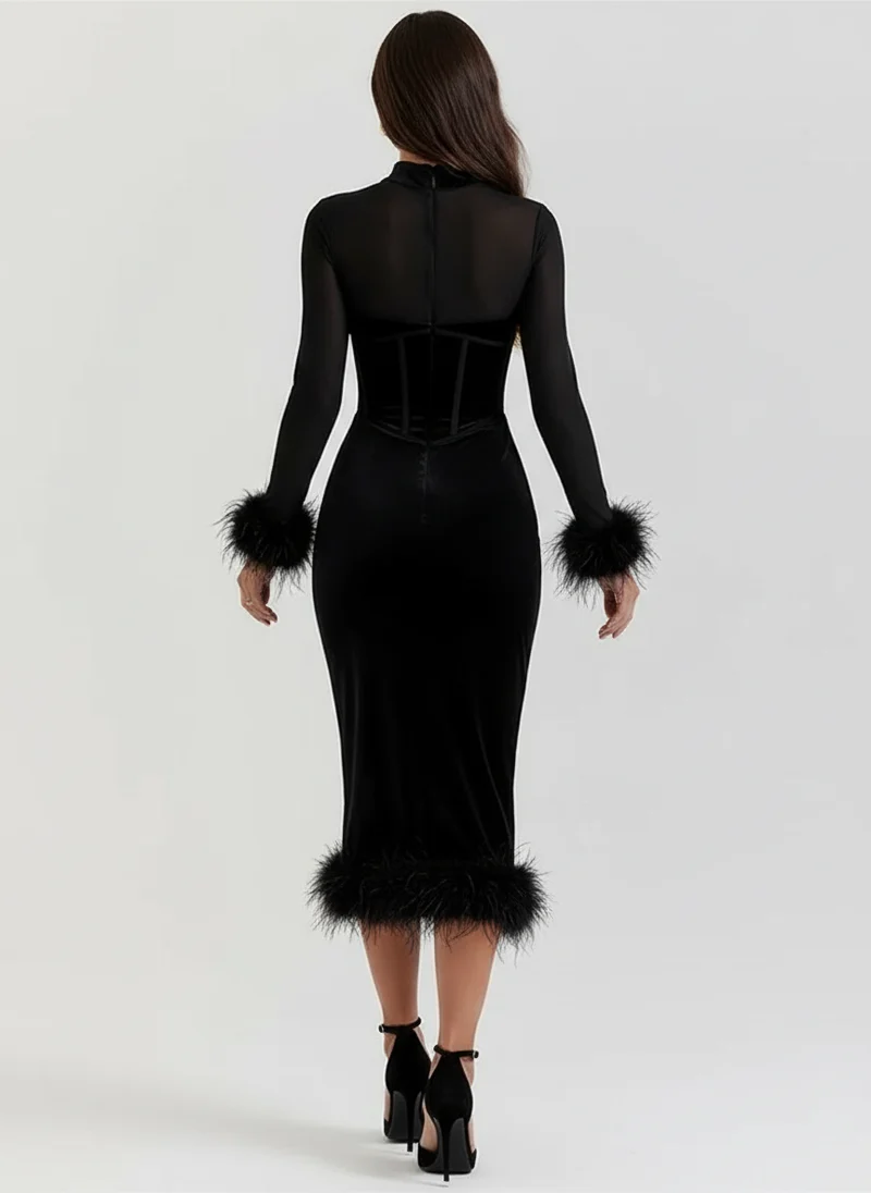 Gabrielle | Femme Robe Midi Ajustée Accents Plumes – Robe Midi Glamour 2026