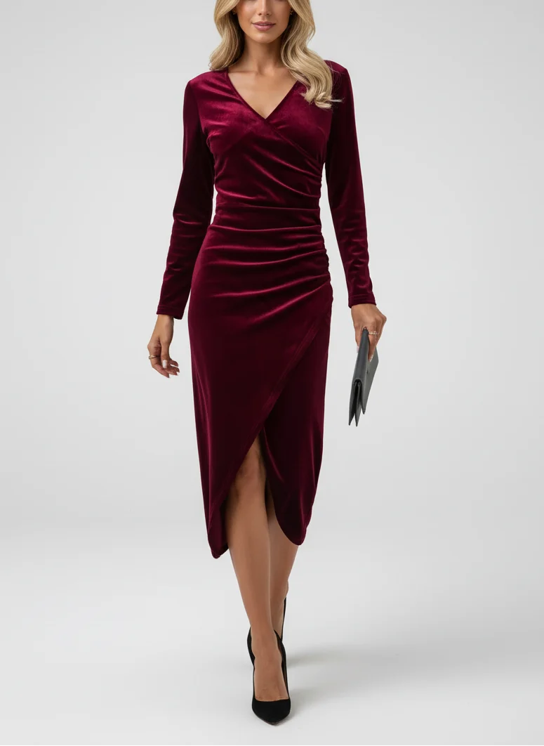 Marie | Femme Robe Drapée Croisée Manches Longues – Robe Drapée Cintrée 2026
