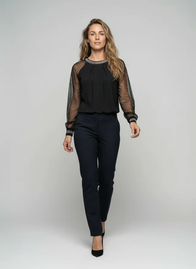 Céline | Femme Top Maille Scintillante Manches Transparentes – Top Glamour 2026