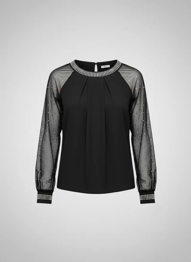 Céline | Femme Top Maille Scintillante Manches Transparentes – Top Glamour 2026
