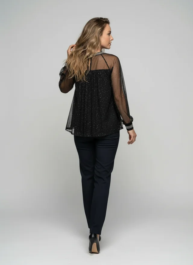 Céline | Femme Top Maille Scintillante Manches Transparentes – Top Glamour 2026
