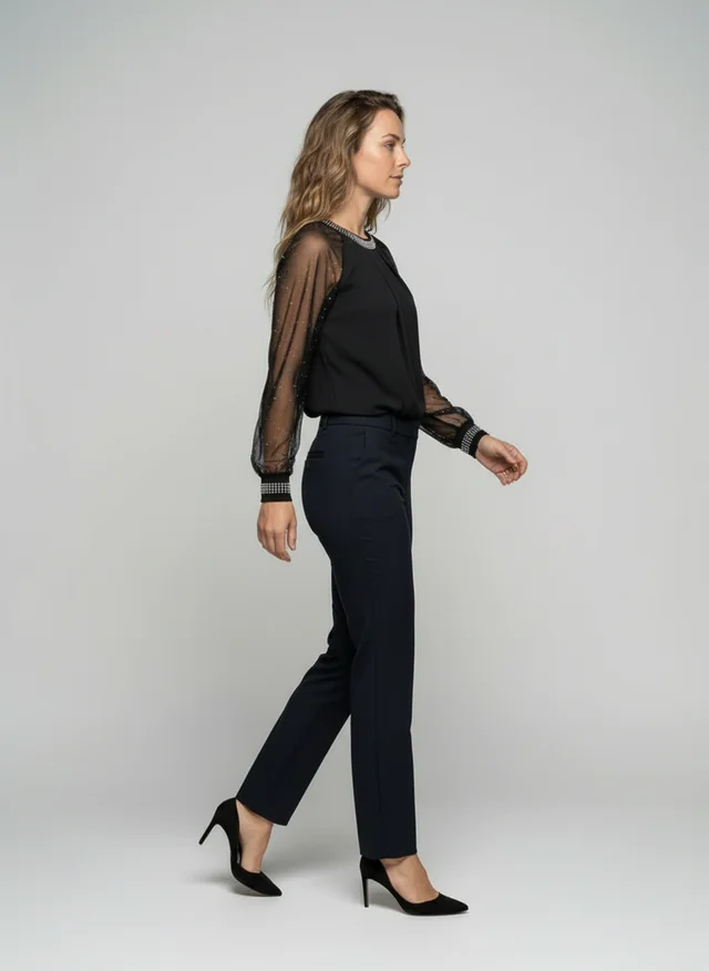 Céline | Femme Top Maille Scintillante Manches Transparentes – Top Glamour 2026