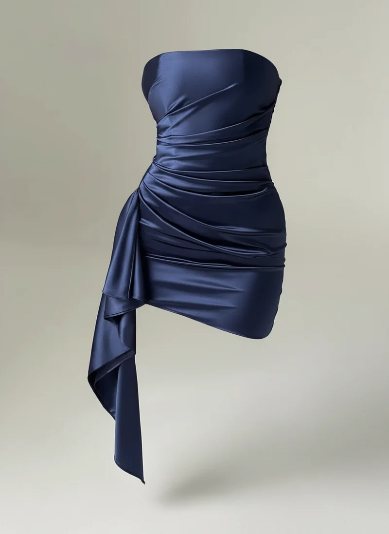 Geneviève | Femme Robe Mini Satin Stretch Marine – Robe Satin Élégante Soirée 2026