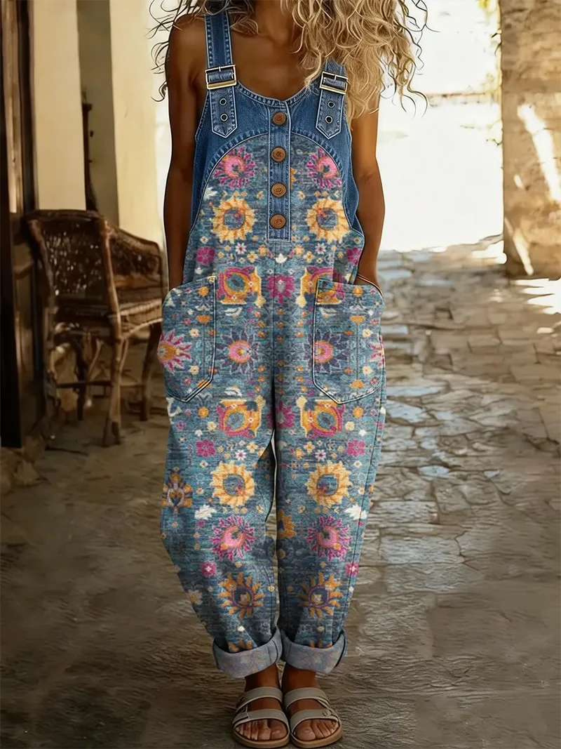 Faye | Salopette en Jean Patchwork avec Imprimé Floral