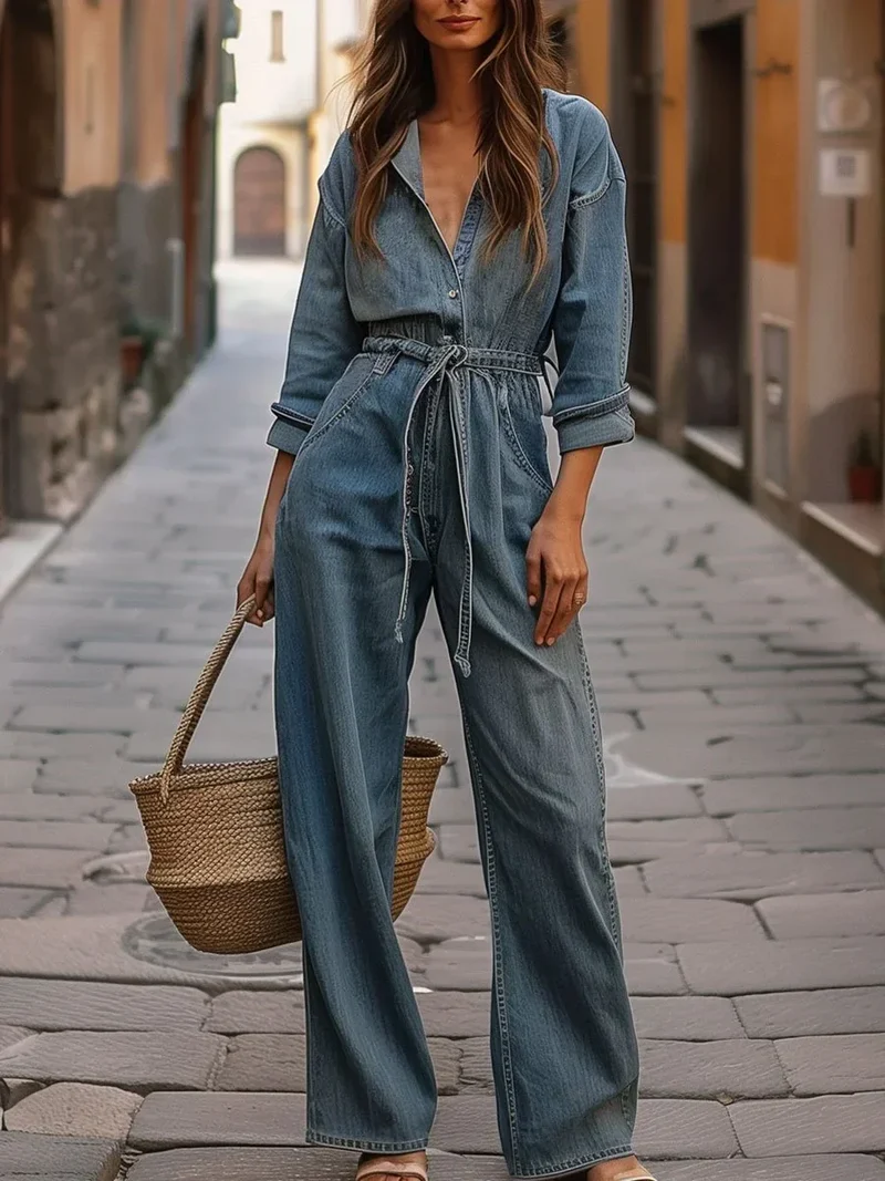 Nadia | Salopette en Jean avec Cordon de Taille et Manches Longues