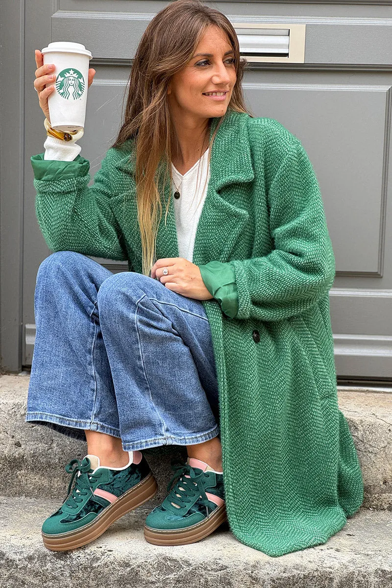 Manteau vert long et doux en maille chenille
