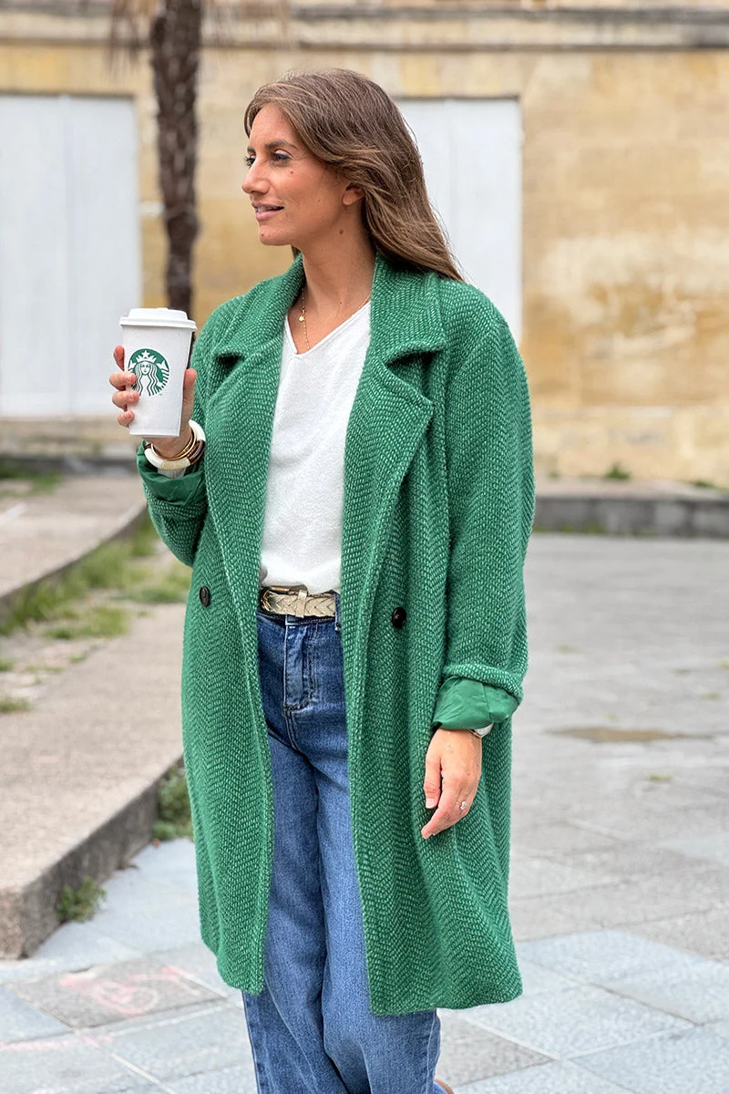 Manteau vert long et doux en maille chenille