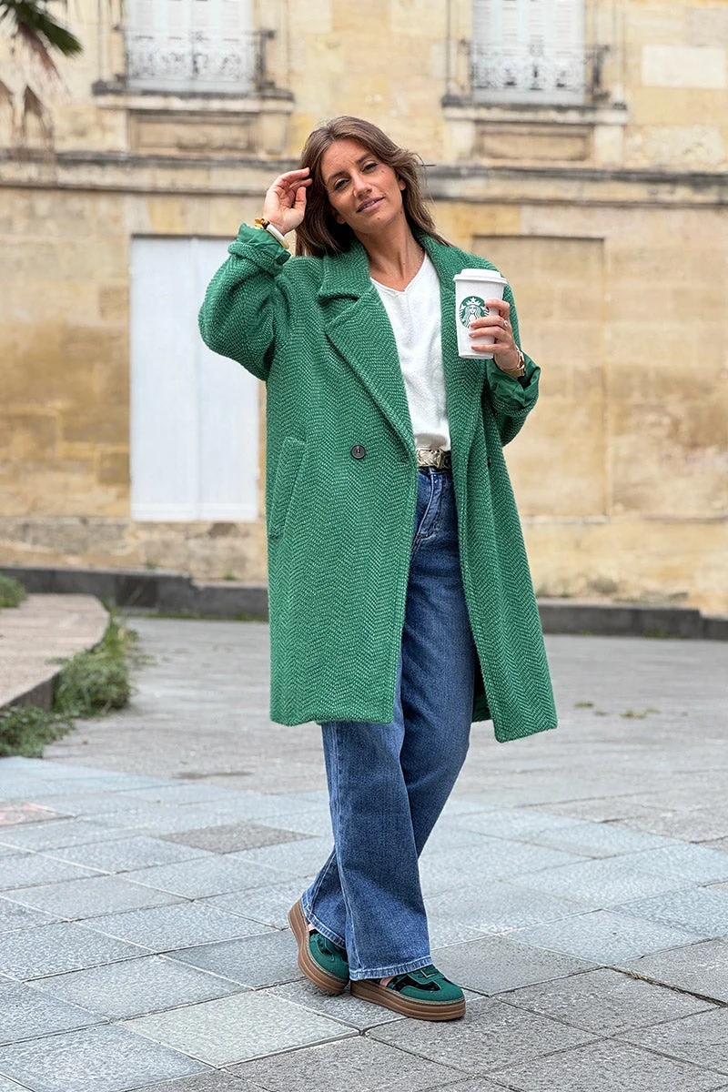 Manteau vert long et doux en maille chenille