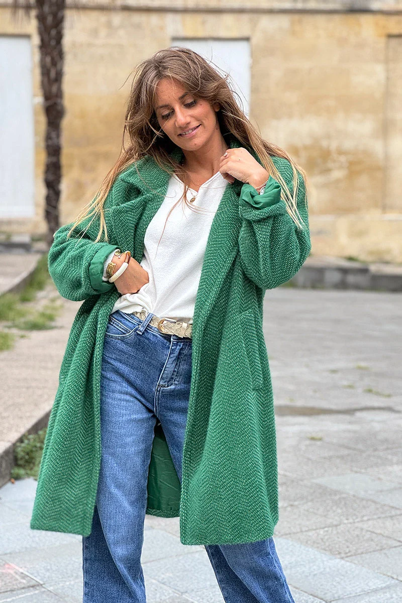 Manteau vert long et doux en maille chenille