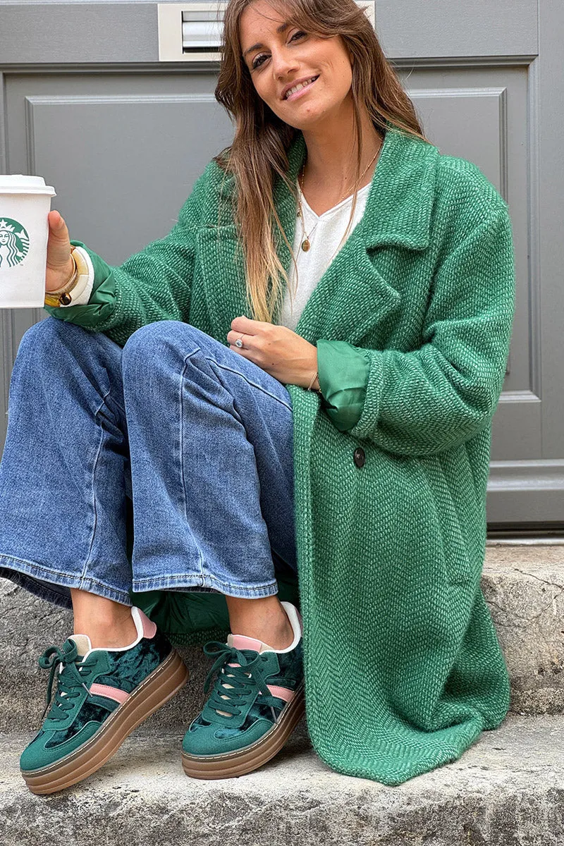 Manteau vert long et doux en maille chenille
