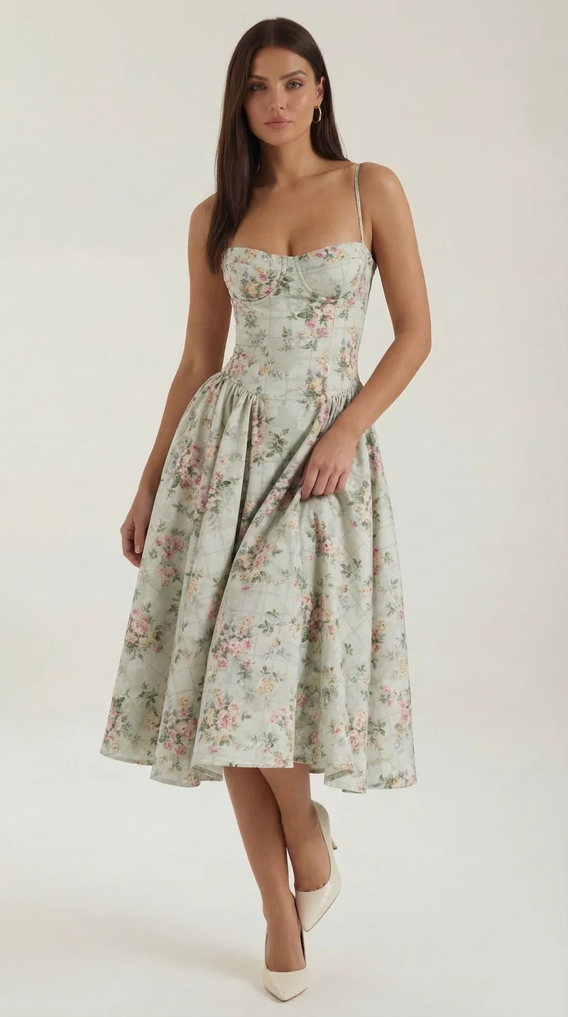 Robe mi-longue corset florale pour femme avec décolleté en cœur
