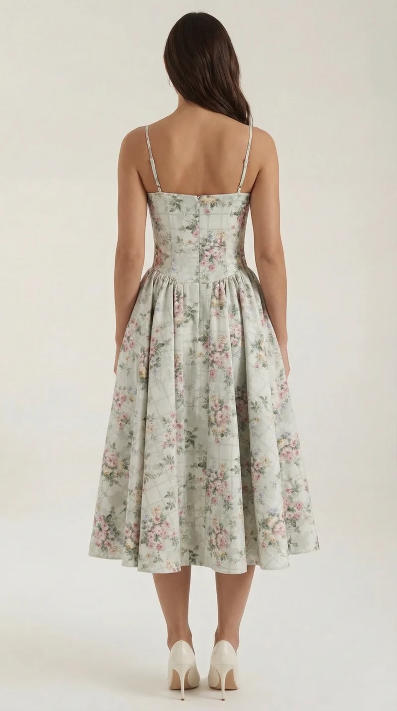 Robe mi-longue corset florale pour femme avec décolleté en cœur
