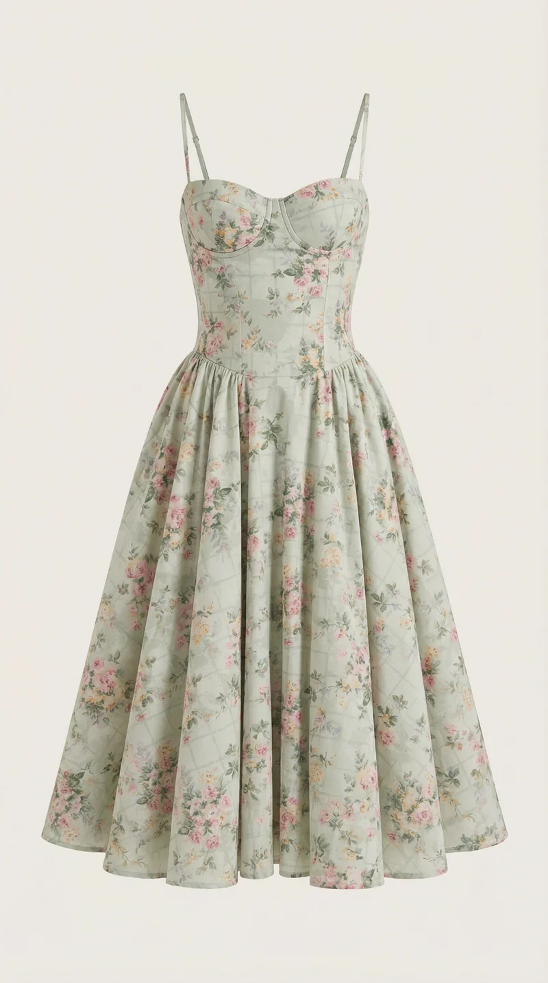 Robe mi-longue corset florale pour femme avec décolleté en cœur
