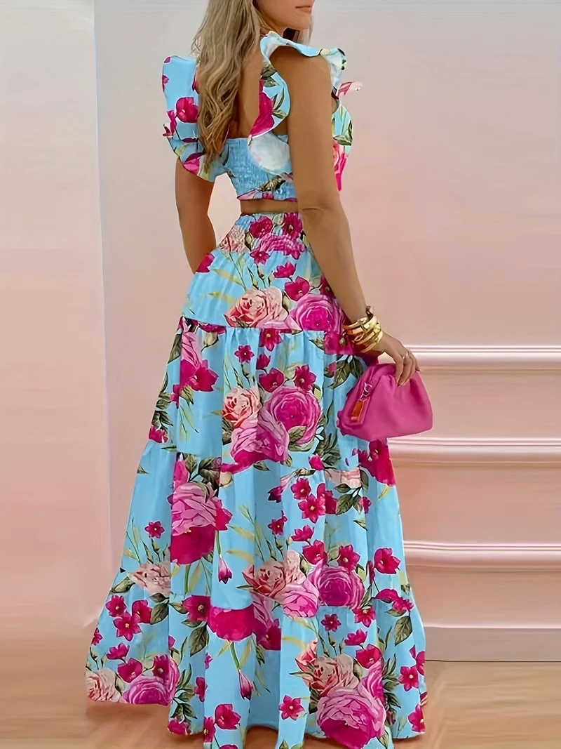 Ensemble bustier volanté floral et jupe longue évasée