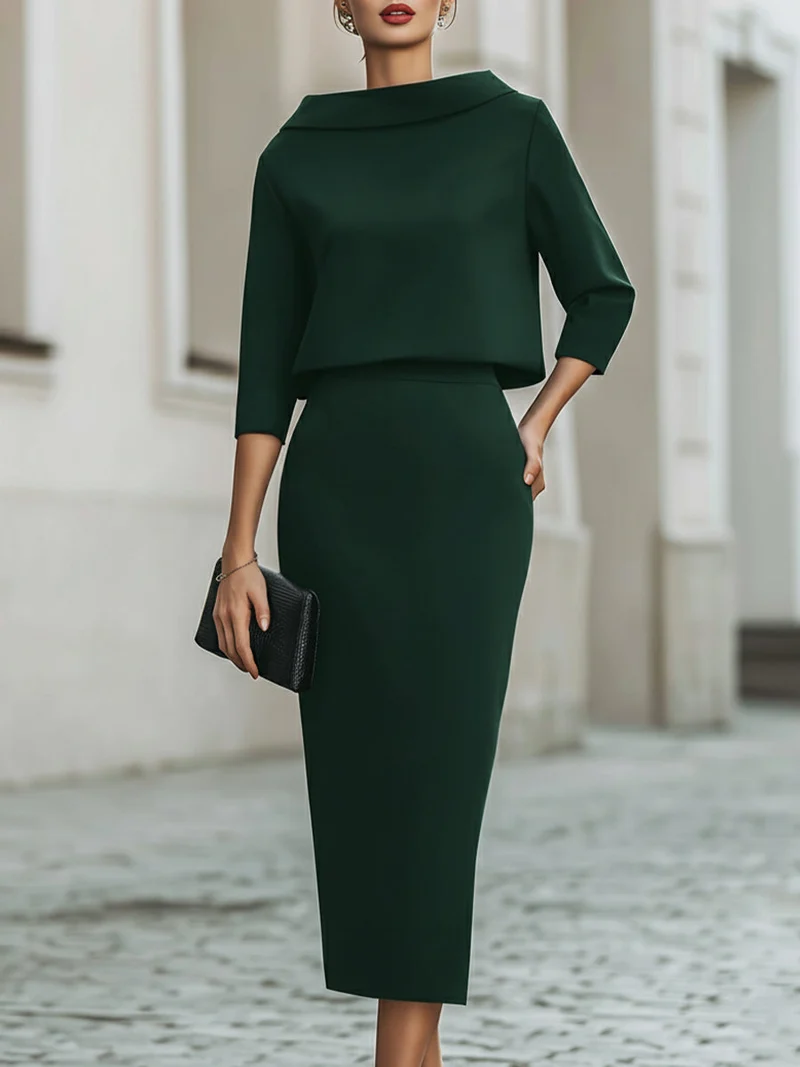 Ensemble Haut Col Bateau et Jupe Midi pour Femme