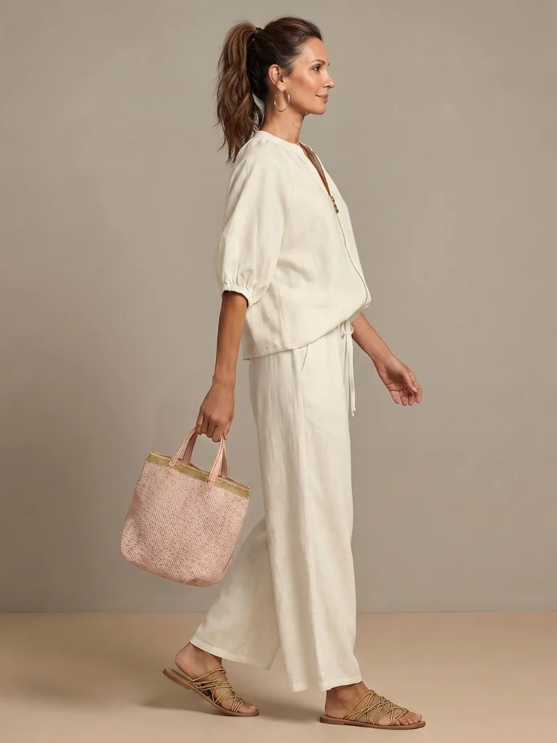 Ensemble blouse zippée et pantalon à jambes larges pour femme