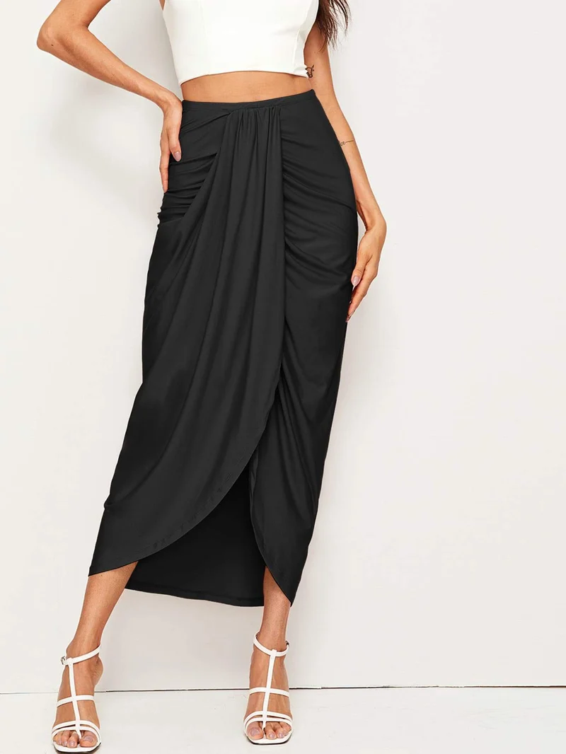 Jupe mi-longue drapée taille haute