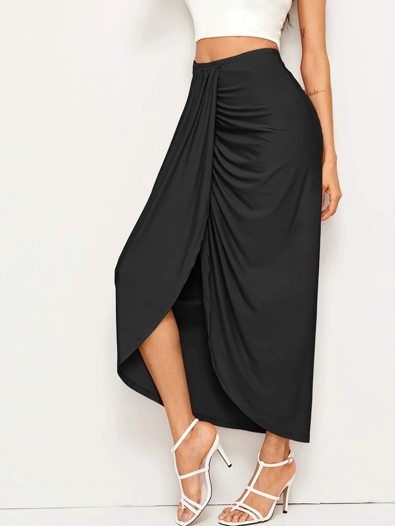Jupe mi-longue drapée taille haute