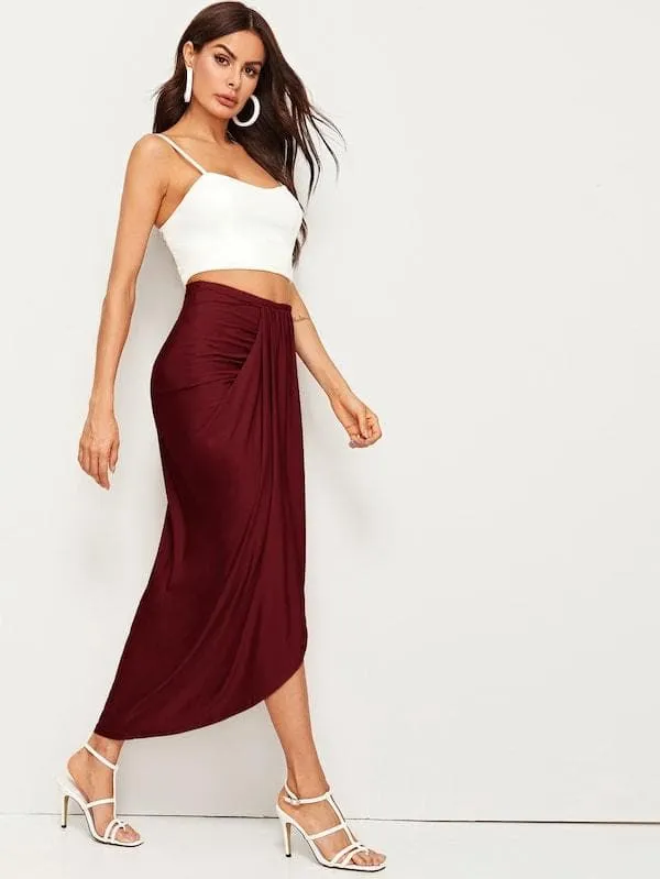 Jupe mi-longue drapée taille haute