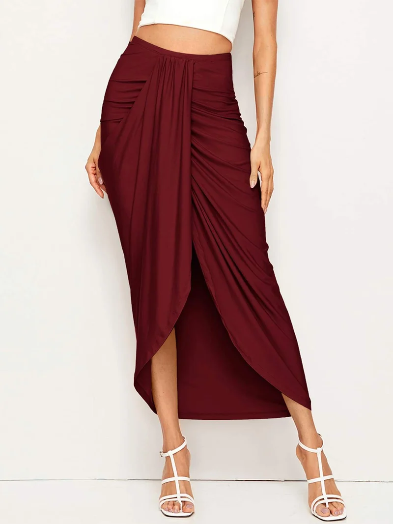 Jupe mi-longue drapée taille haute