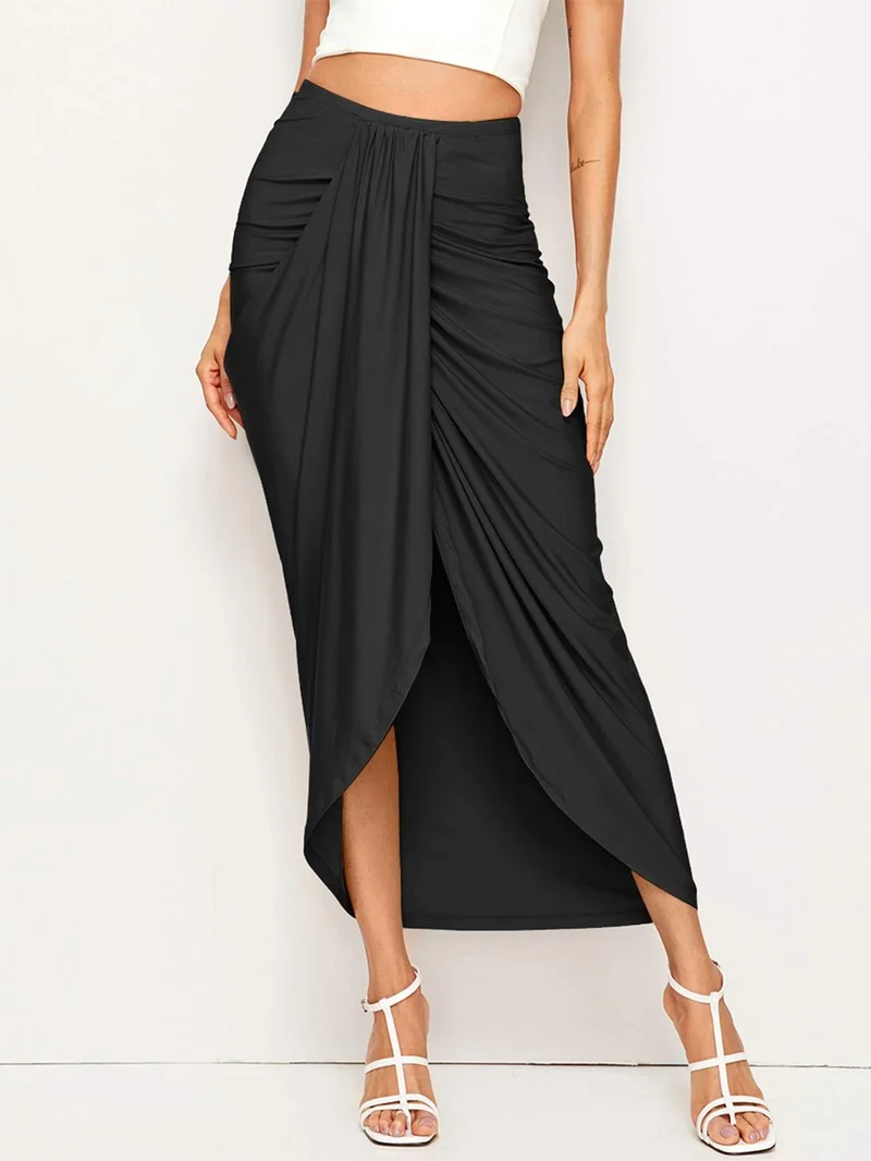 Jupe mi-longue drapée taille haute