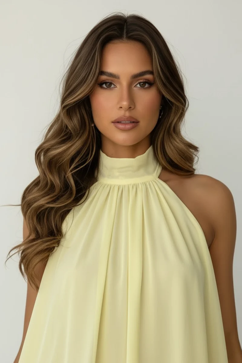 Robe mini sans manches à col licou pour femme avec ourlet à double volant