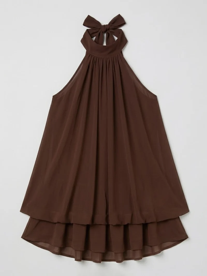 Robe mini sans manches à col licou pour femme avec ourlet à double volant