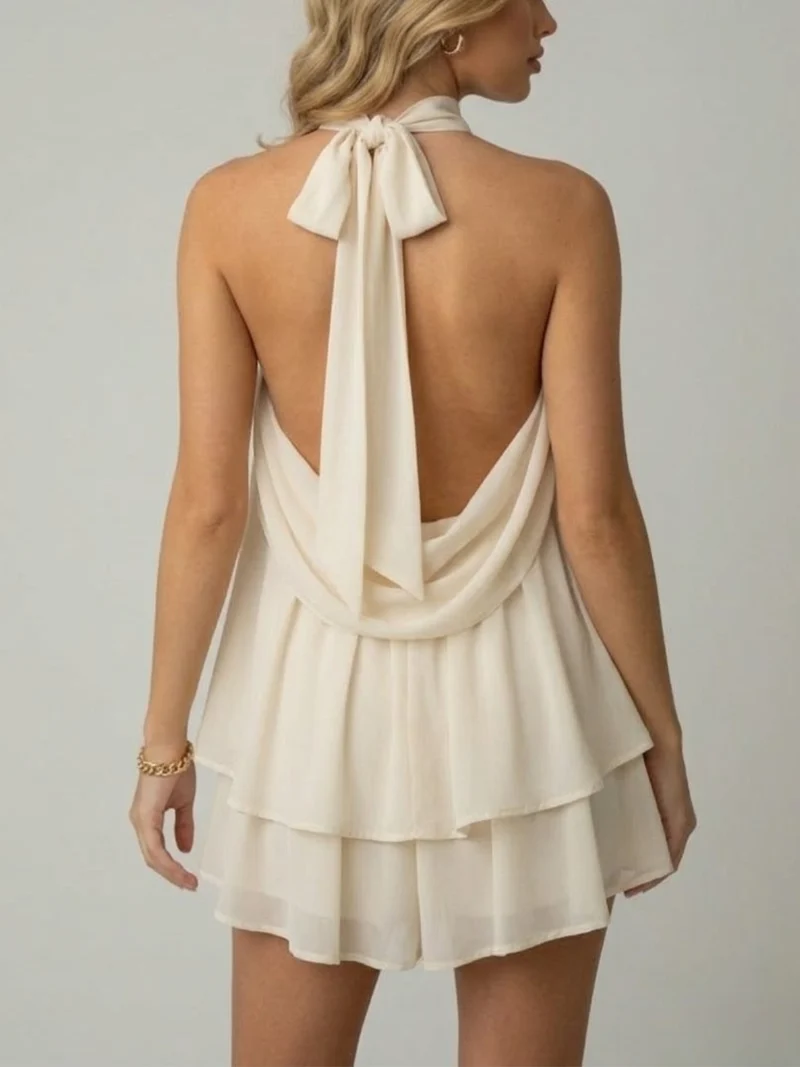 Robe mini sans manches à col licou pour femme avec ourlet à double volant