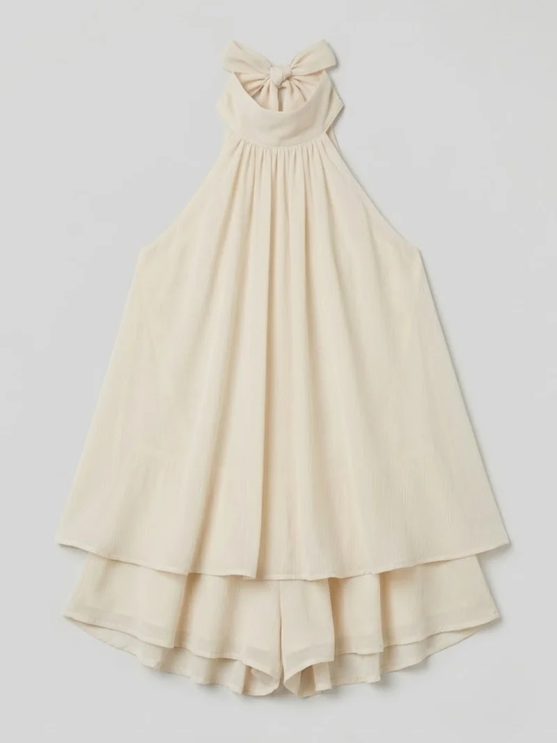 Robe mini sans manches à col licou pour femme avec ourlet à double volant