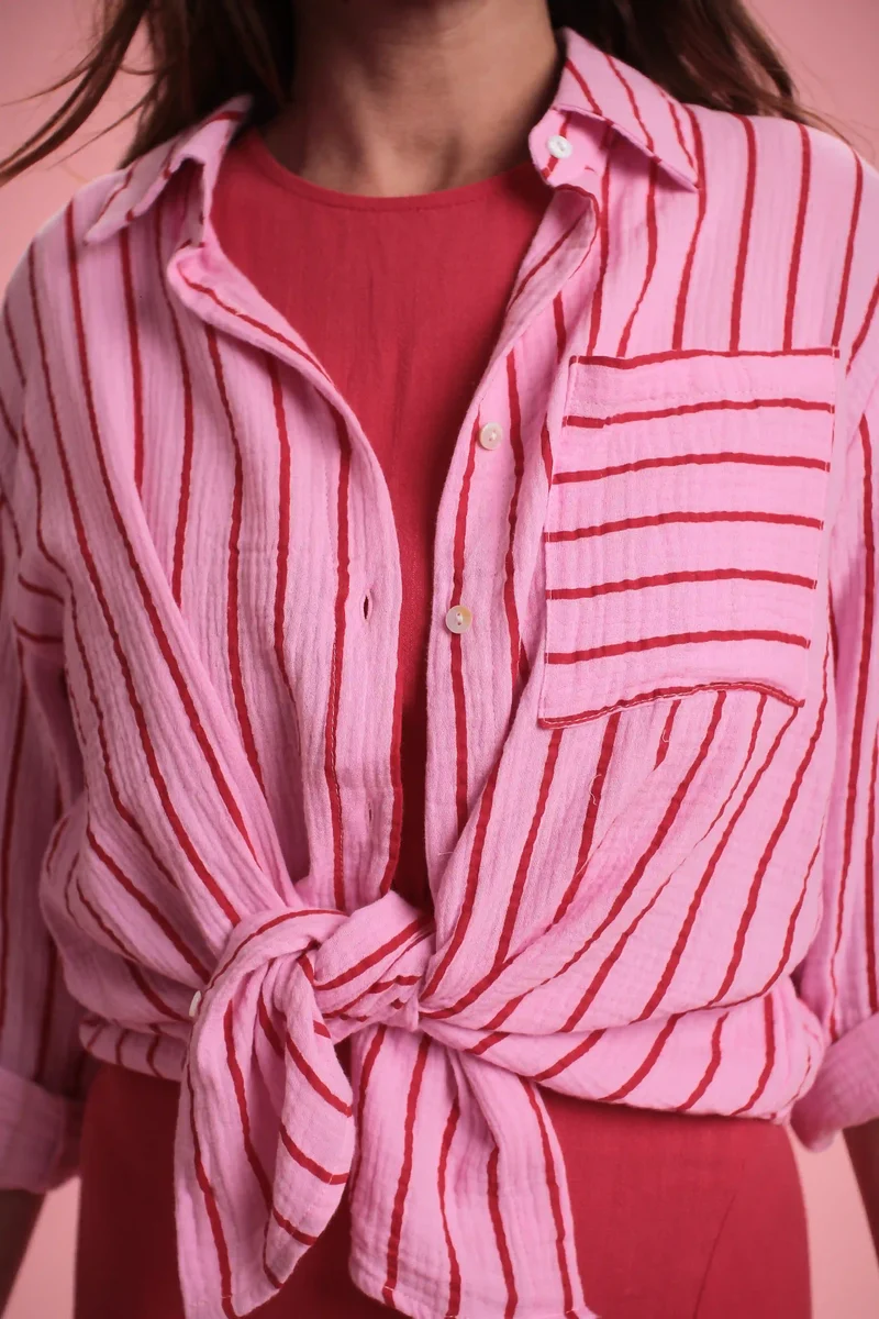 Chemise Gas manches longues coton rayée rose/rouge