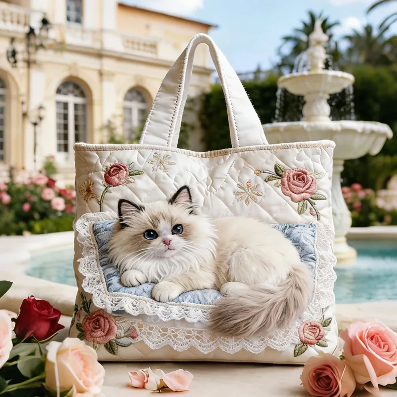 Sac en Tissu Matelassé Chaton du Jardin de Roses | Fait Main