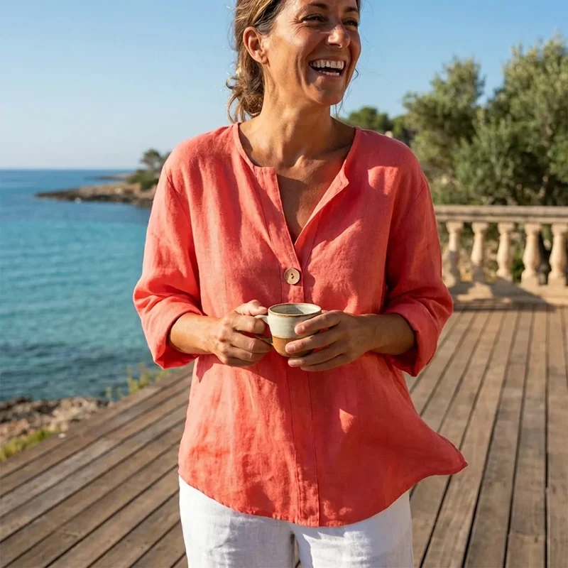 Tunique Femme en Mélange Lin Col V – Blouse Confort Décontracté