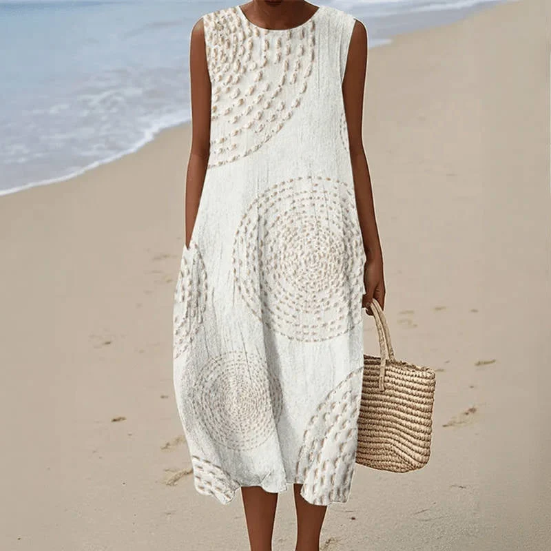 Robe midi imprimée sans manches pour femme – Élégance, confort et style rétro décontracté